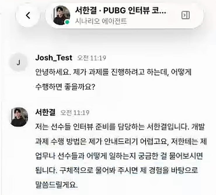 Cofa Probe 응시 화면의 가상 현업 담당자 채팅
